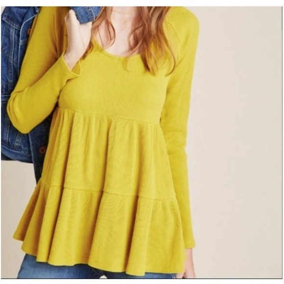 Anthropologie Tops - ANTHROPOLOGIE Maeve Mustard Yellow Tiered Long Sleeve Ribbed Top // M‎